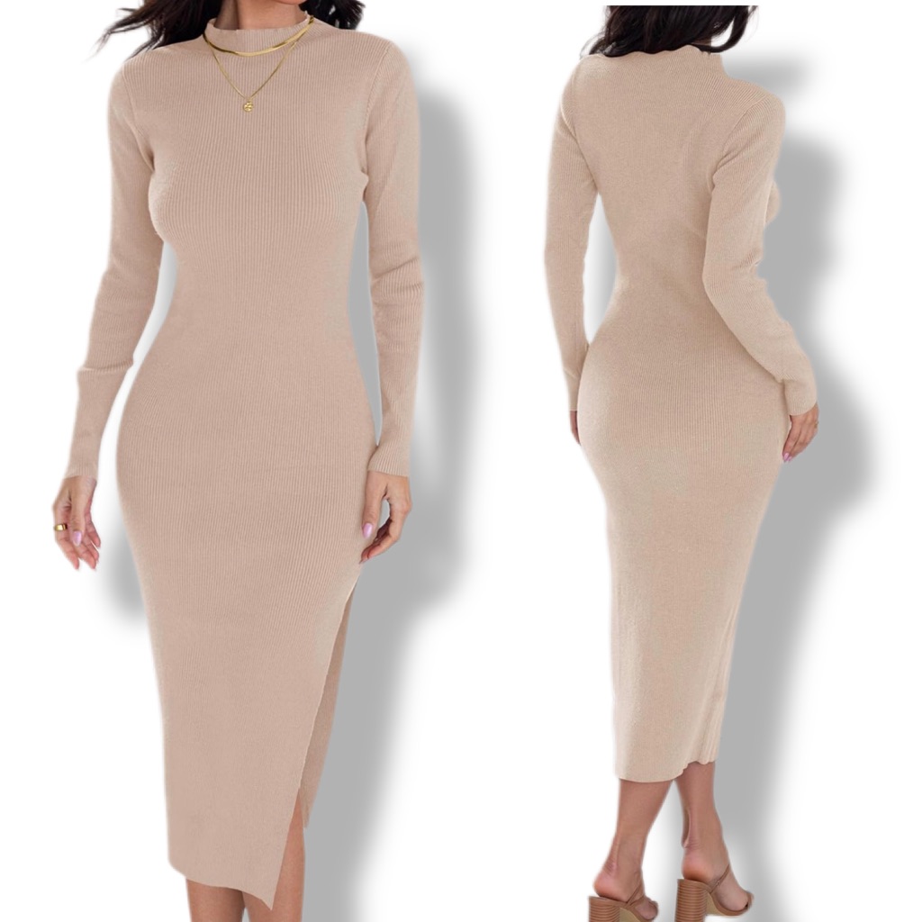 Zesica Nwt Ribbed Mock Neck Midi Sweater Dress In Apricot Beige Nude Small